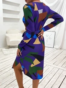 Geo Print Notched Neck Curved Hem Belted Dress - Multicolor - View 2