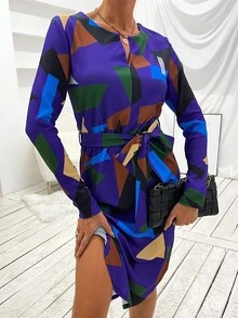 Geo Print Notched Neck Curved Hem Belted Dress - Multicolor - View 3