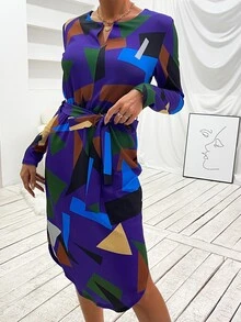 Geo Print Notched Neck Curved Hem Belted Dress - Multicolor - View 4