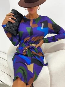 Geo Print Notched Neck Curved Hem Belted Dress - Multicolor - View 6