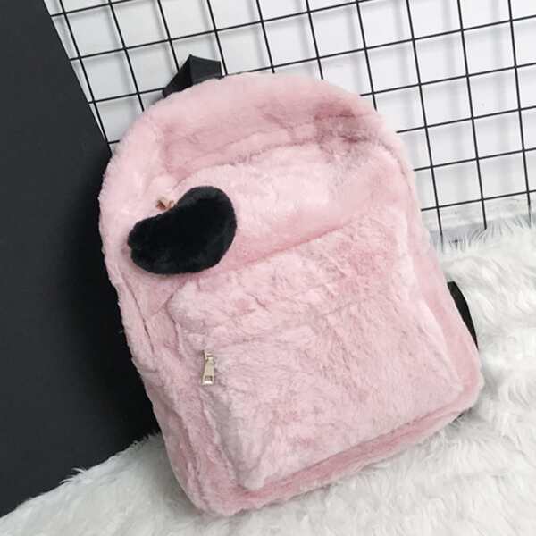 

Pom-pom Decor Fuzzy Classic Backpack, Pink
