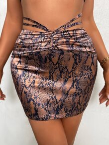 SHEIN Allurite 蛇紋後綁帶迷你緊身短裙 - 銅色 - 查看 1