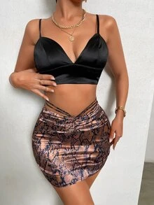 SHEIN Allurite 蛇紋後綁帶迷你緊身短裙 - 銅色 - 查看 4