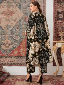 Mulvari Plus Floral And Scarf Print Open Front Coat & Trousers - Multicolor - View 1