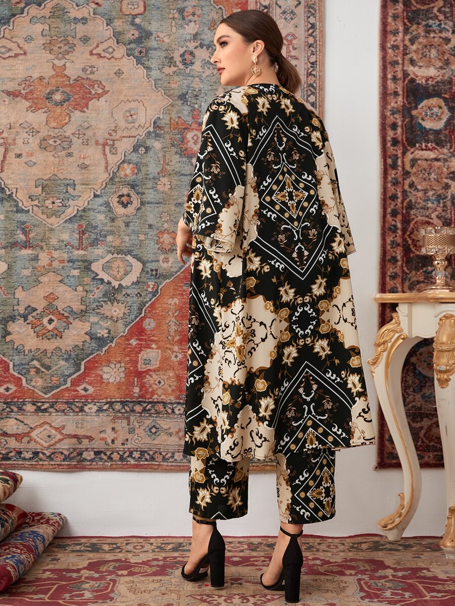 Mulvari Plus Floral And Scarf Print Open Front Coat & Trousers - Multicolor - View 1