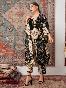 Mulvari Plus Floral And Scarf Print Open Front Coat & Trousers - Multicolor - View 4