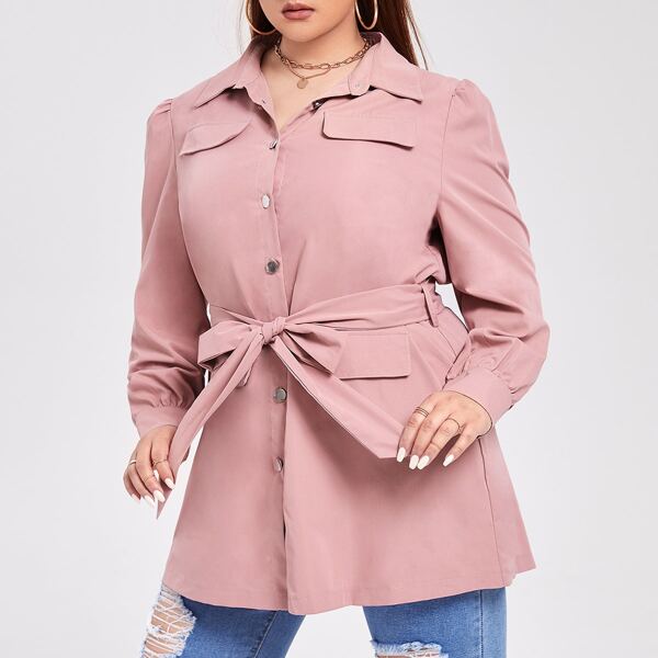

Plus Solid Clap Pocket Belted Coat, Dusty pink