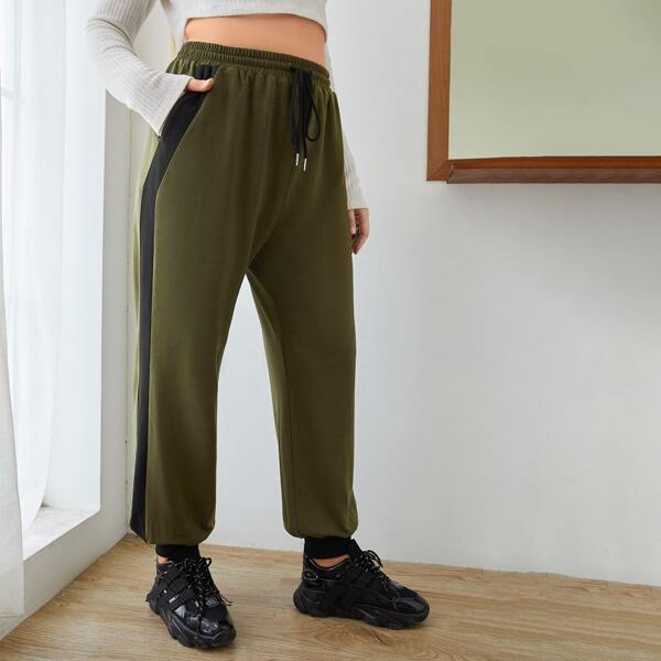 

Plus Contrast Side Seam Drawstring Waist Sweatpants, Dark green