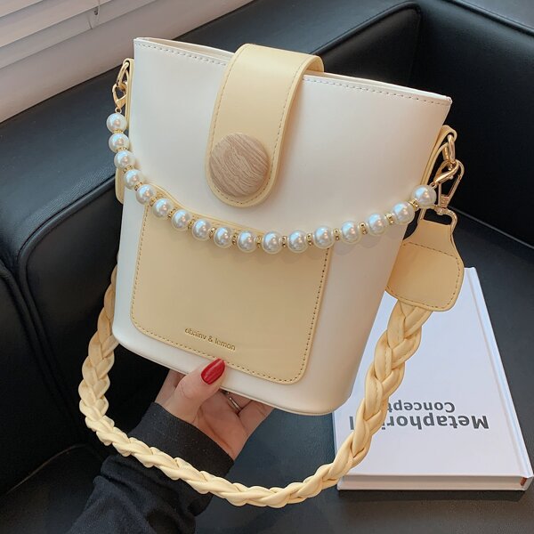 

Faux Pearl Decor Two Tone Satchel Bag, Multicolor