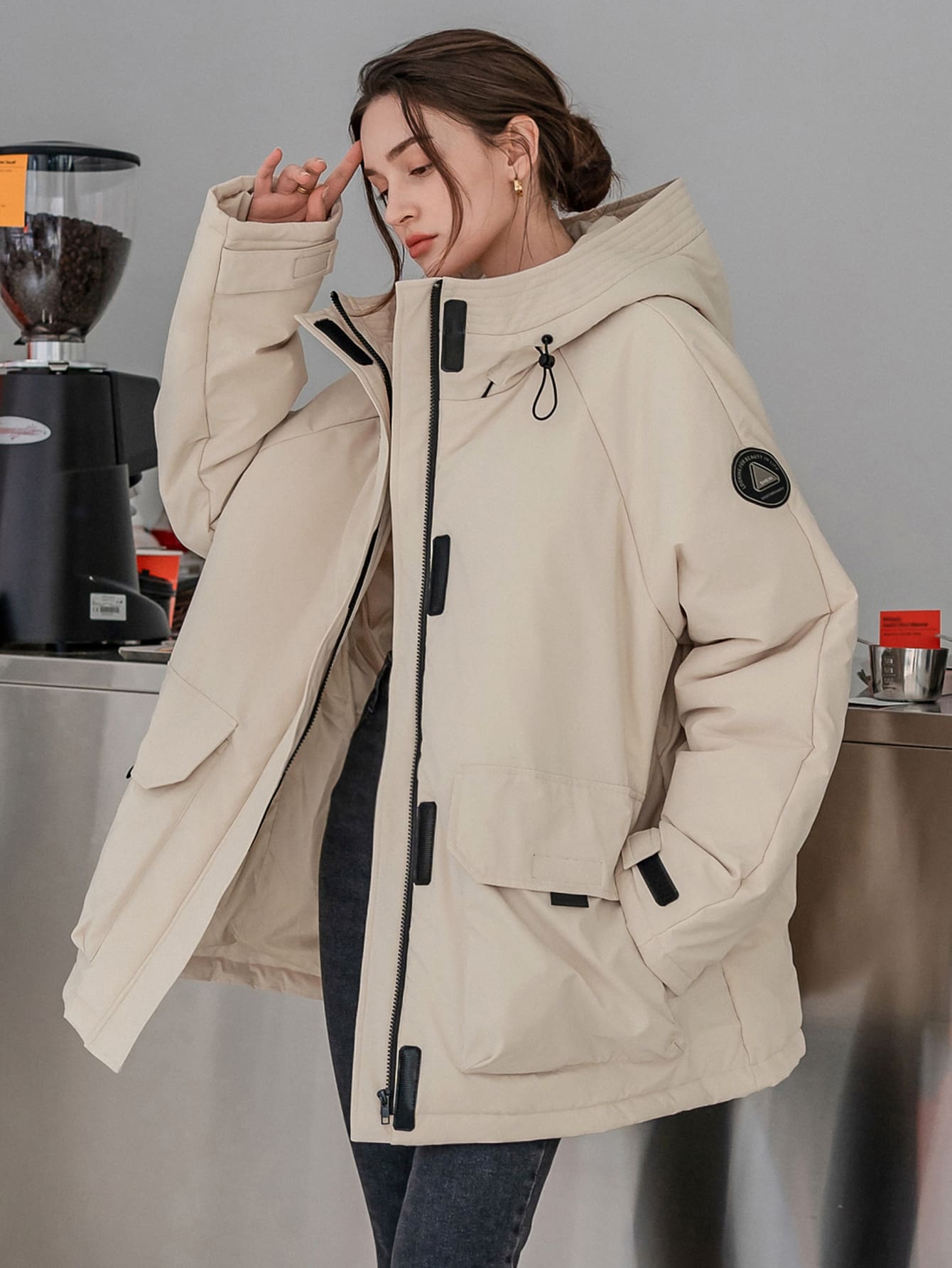 DAZY Letter Patched Flap Pocket Drawstring Hooded Padded Coat - Beige - View 1