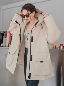 DAZY Letter Patched Flap Pocket Drawstring Hooded Padded Coat - Beige - View 3