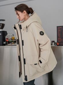 DAZY Letter Patched Flap Pocket Drawstring Hooded Padded Coat - Beige - View 4