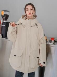 DAZY Letter Patched Flap Pocket Drawstring Hooded Padded Coat - Beige - View 5