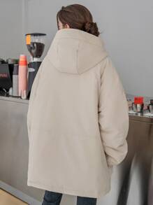 DAZY Letter Patched Flap Pocket Drawstring Hooded Padded Coat - Beige - View 6