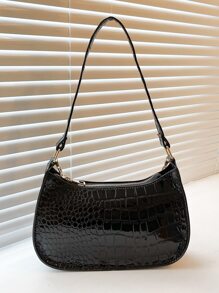 Fashionable Crocodile Grain Chain Shoulder Underarm Bag - Black - View 3