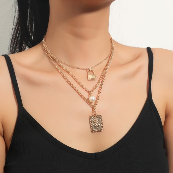 

Lock & Faux Pearl Charm Layered Necklace, Gold