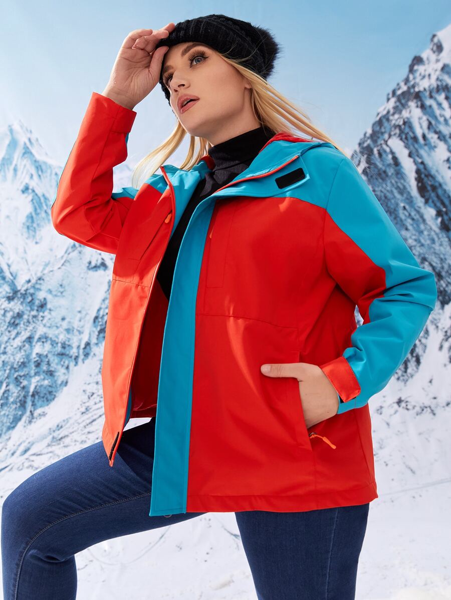 Plus Warming Colourblock Teddy Lined Zipper Hooded Sports Jacket - Multicolor - View 1