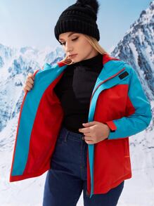 Plus Warming Colourblock Teddy Lined Zipper Hooded Sports Jacket - Multicolor - View 5