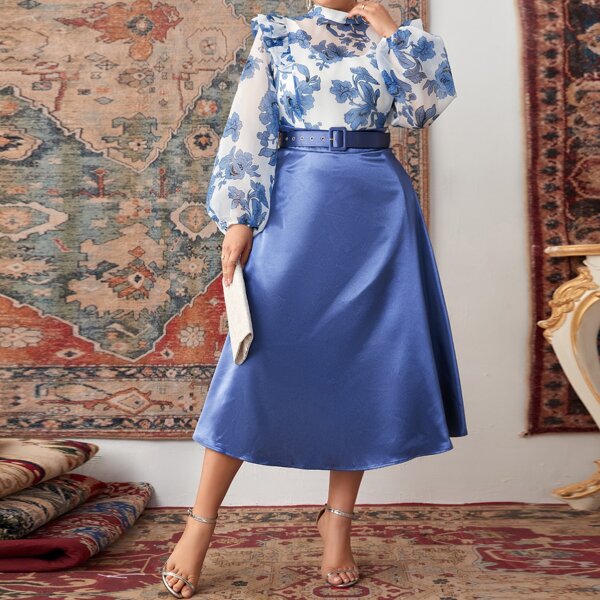 

Plus Floral Print Lantern Sleeve Ruffle Trim Top and Skirt Set, Multicolor