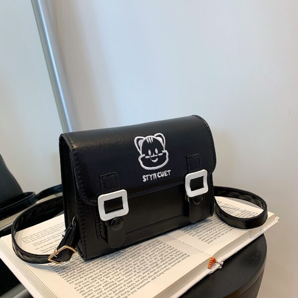 

Cartoon Embroidery Detail Flap Square Bag, Black and white