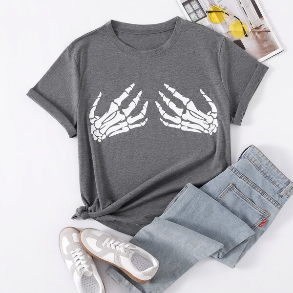 

Plus Skeleton Hand Print Tee, Grey