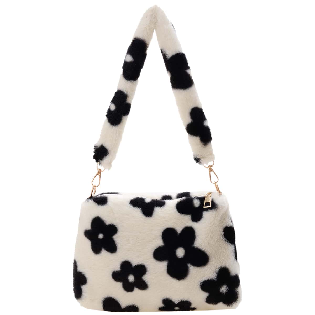 

Fuzzy Floral Graphic Square Bag, Black and white