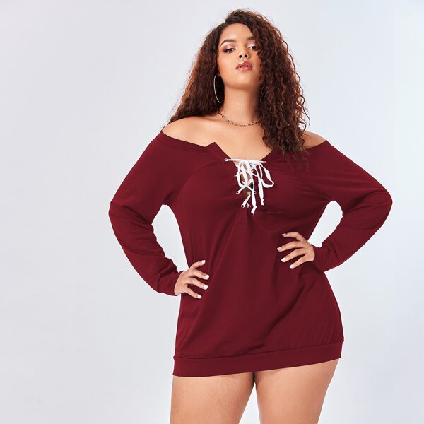 

Plus Lace Up Front Off Shoulder Sweatshirt, Burgundy