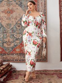 SHEIN Unity 大碼印花前繫帶燈籠袖後背開叉緊身連衣裙 - 彩色 - 查看 1