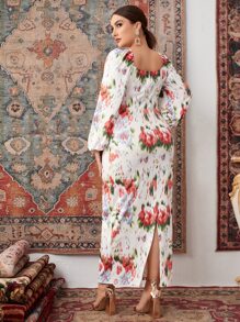 SHEIN Unity 大碼印花前繫帶燈籠袖後背開叉緊身連衣裙 - 彩色 - 查看 2