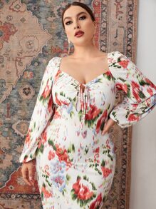 SHEIN Unity 大碼印花前繫帶燈籠袖後背開叉緊身連衣裙 - 彩色 - 查看 3