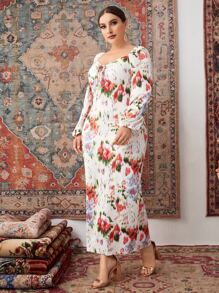 SHEIN Unity 大碼印花前繫帶燈籠袖後背開叉緊身連衣裙 - 彩色 - 查看 4