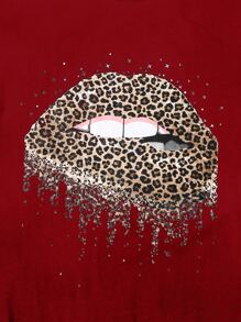 SHEIN LUNE Plus Leopard And Mouth Graphic Tee - Red - View 4