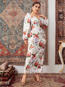 SHEIN Unity 大碼印花前繫帶燈籠袖後背開叉緊身連衣裙 - 彩色 - 查看 5