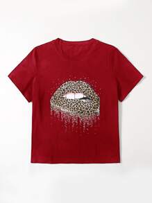 SHEIN LUNE Plus Leopard And Mouth Graphic Tee - Red - View 3