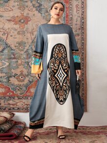 Al Najma Plus Geo Print Colour Block Tent Dress - Multicolor - View 4