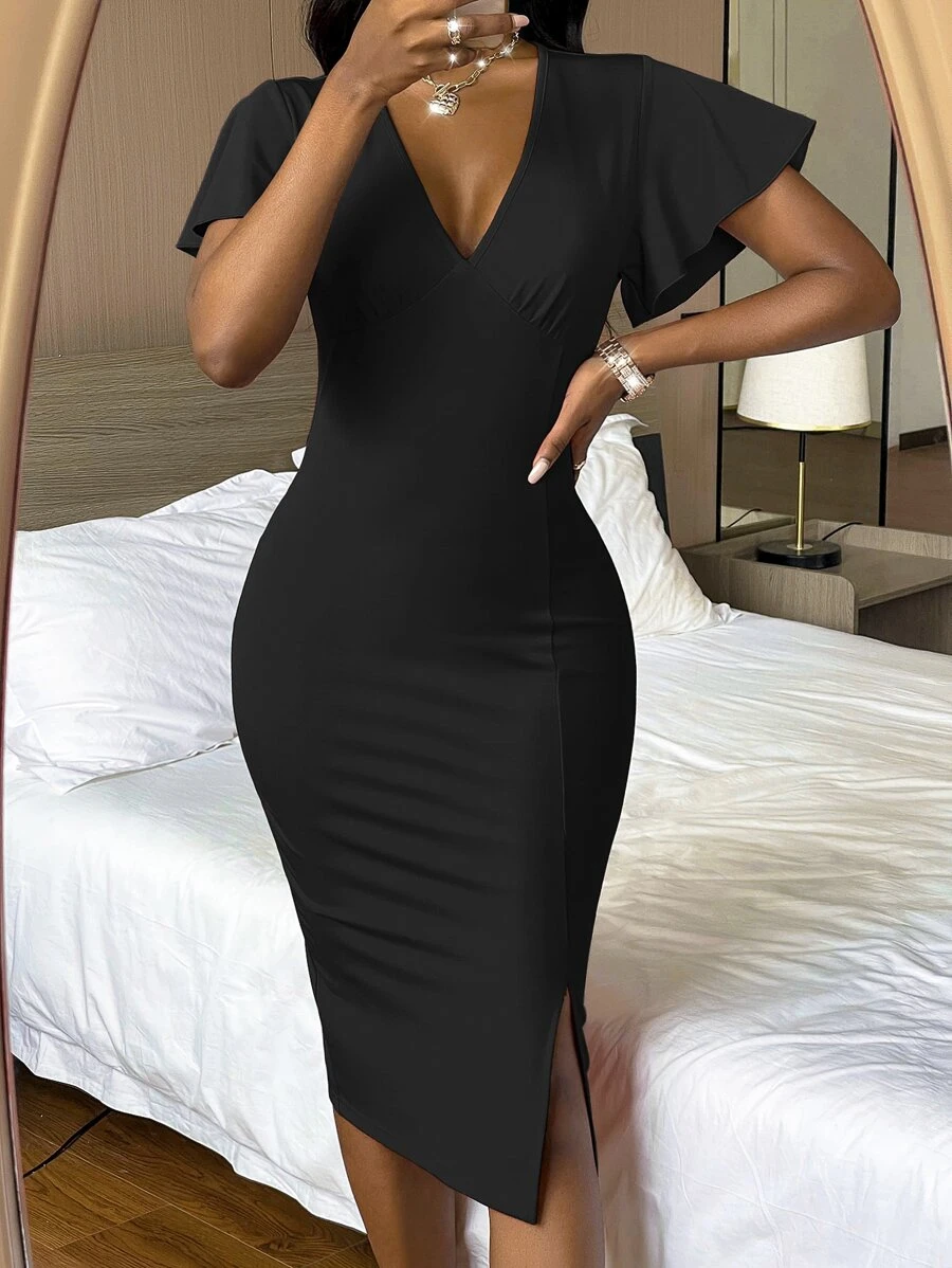 Zolique Plunging Neck Flutter Sleeve Slit Hem Bodycon Dress Maxi Women Outfit - Black - View 1