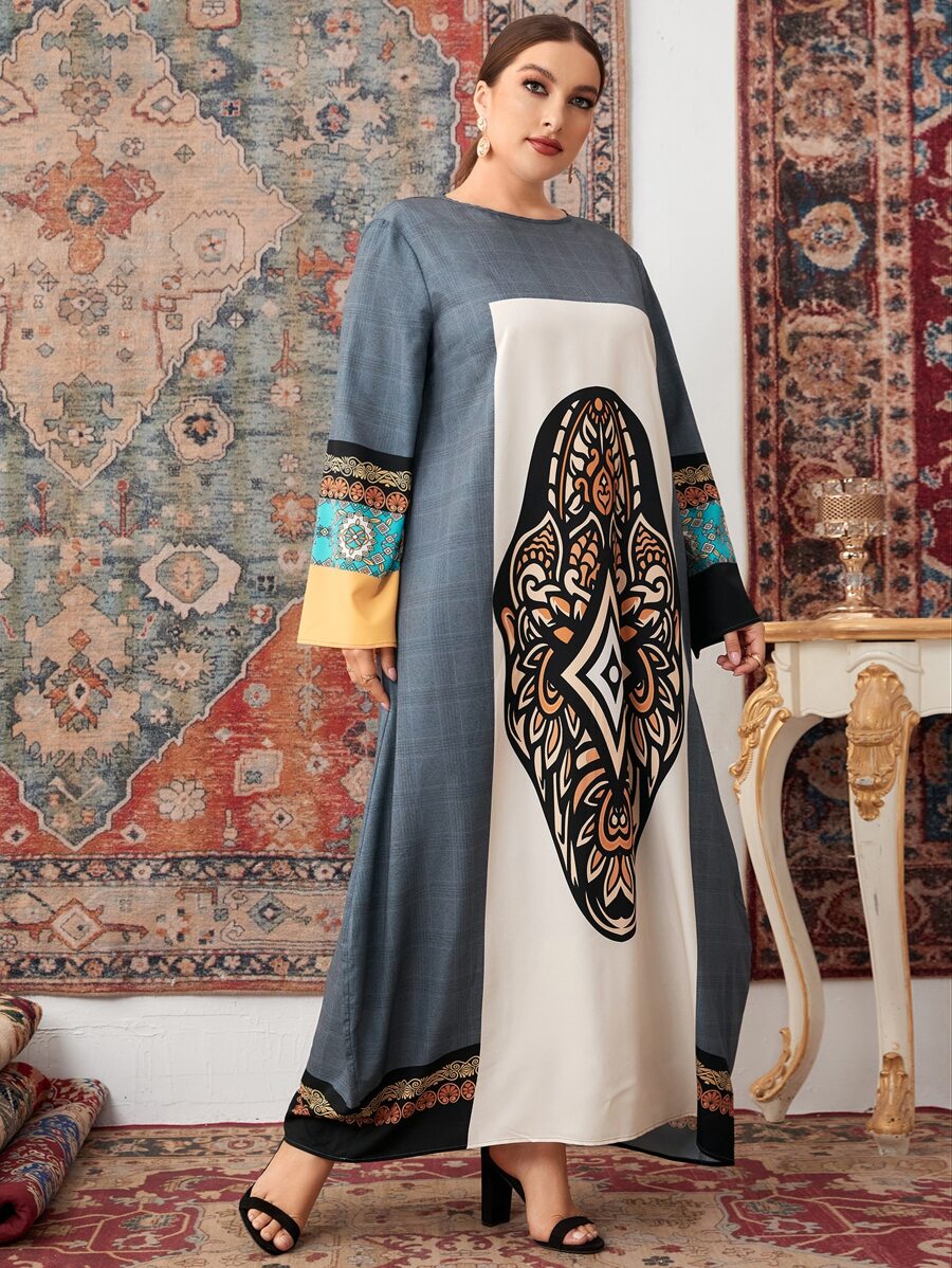 Al Najma Plus Geo Print Colour Block Tent Dress - Multicolor - View 1