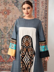 Al Najma Plus Geo Print Colour Block Tent Dress - Multicolor - View 5