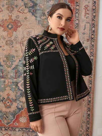 SHEIN Unity Plus Plant Embroidery Open Front Jacket