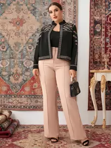 SHEIN Unity 大碼植物刺繡開門襟夾克 - 黑色 - 查看 5