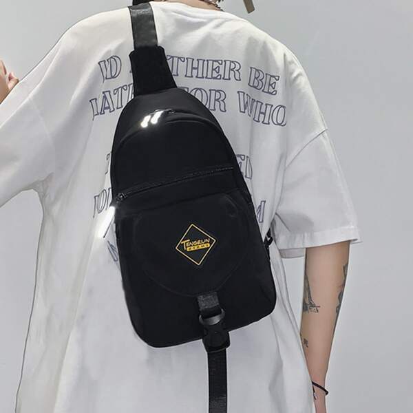 

Men Letter Graphic Sling Bag, Black