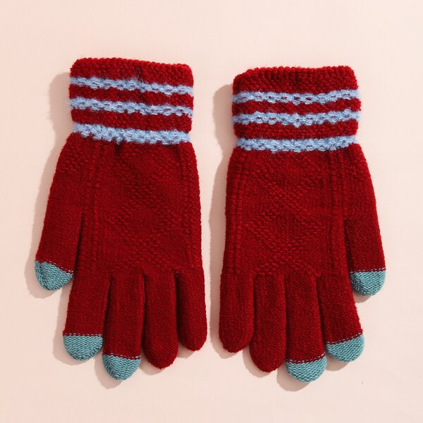 

Knit Striped Pattern Gloves, Red