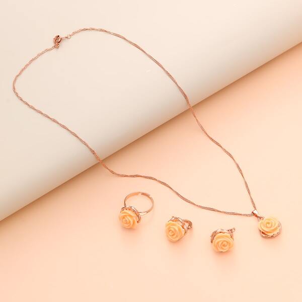 

4pcs Flower Decor Jewelry Set, Gold