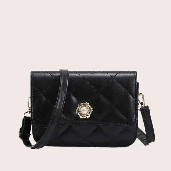 

Quilted Heart Detail Square Bag, Black