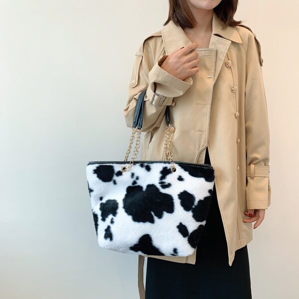 

Cow Pattern Fluffy Shoulder Tote Bag, Black and white