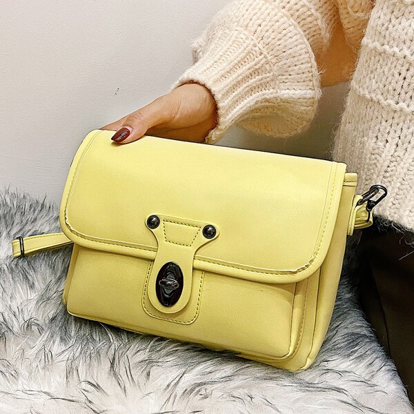

Twist Lock Minimalist Flap Square Bag, Yellow