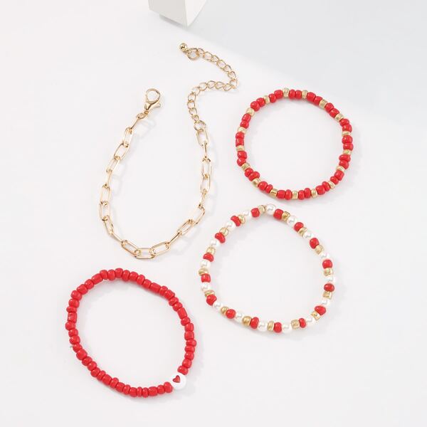 

4pcs Resin Beaded Bracelet, Red