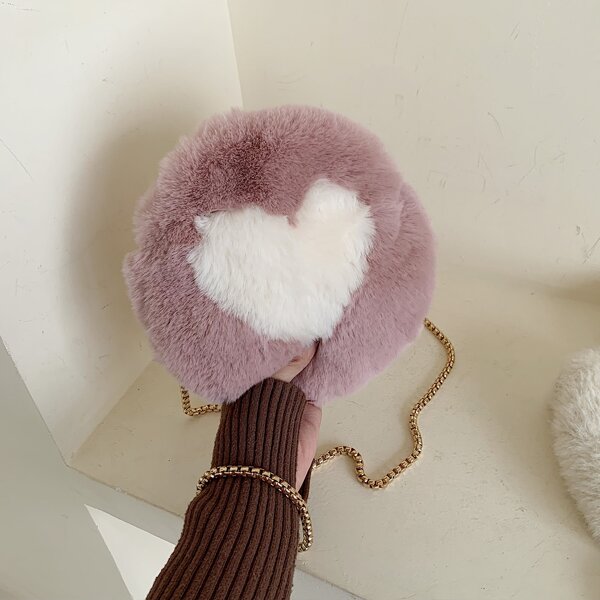 

Fuzzy Heart Graphic Circle Bag, Pink