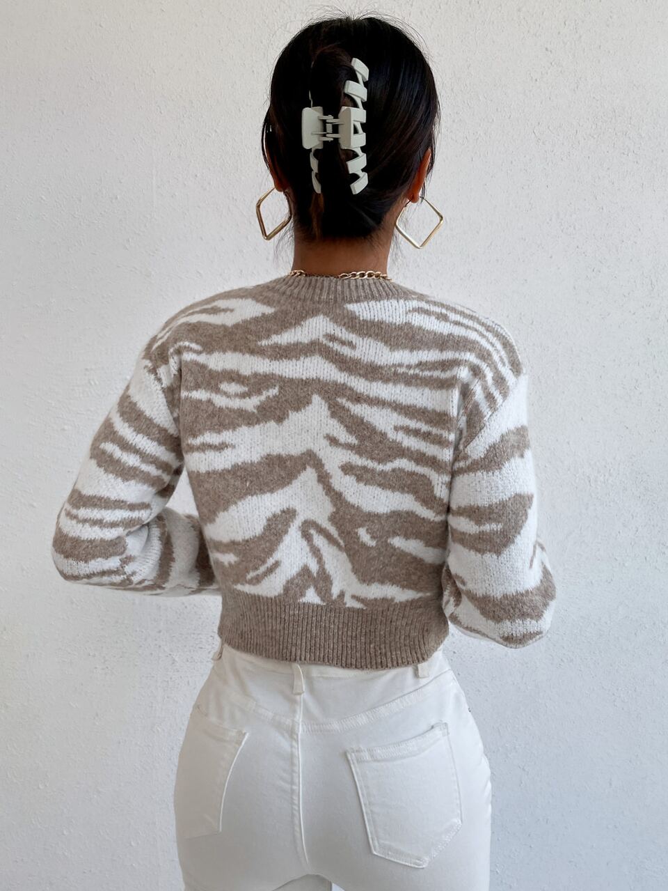 Tiger Striped Crop Sweater,Long Sleeve Tops Knit Pullover Fall Winter