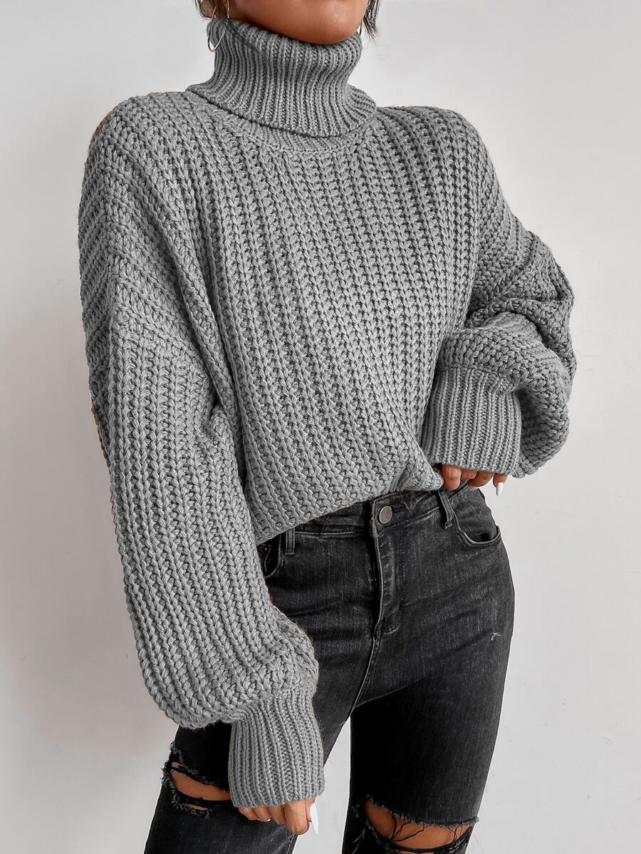 SHEIN Essnce Rolled Neck Drop Shoulder Jumper - Grey - View 1